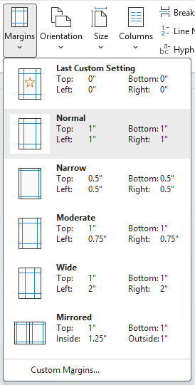 Page orientation options in Word